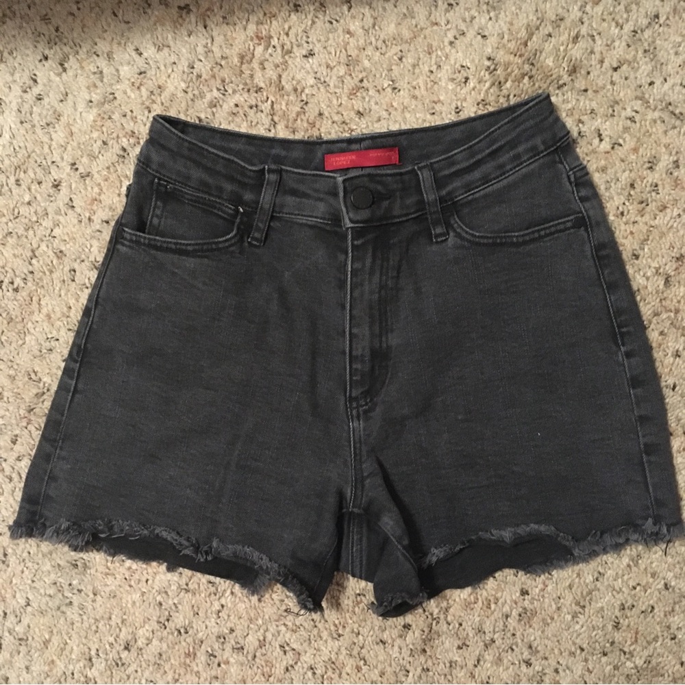 High waist short shorts black faded denim Jennifer Lopez distressed jeans